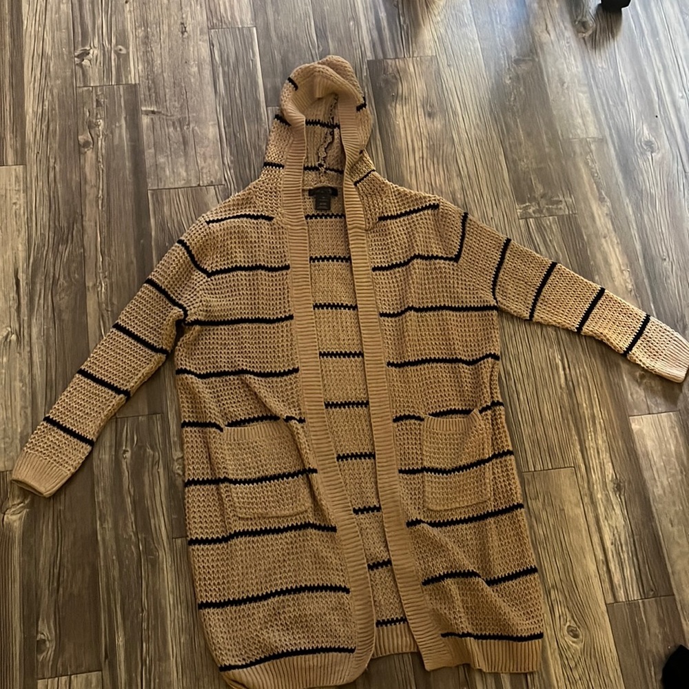 Tan and black striped cardigan with hood